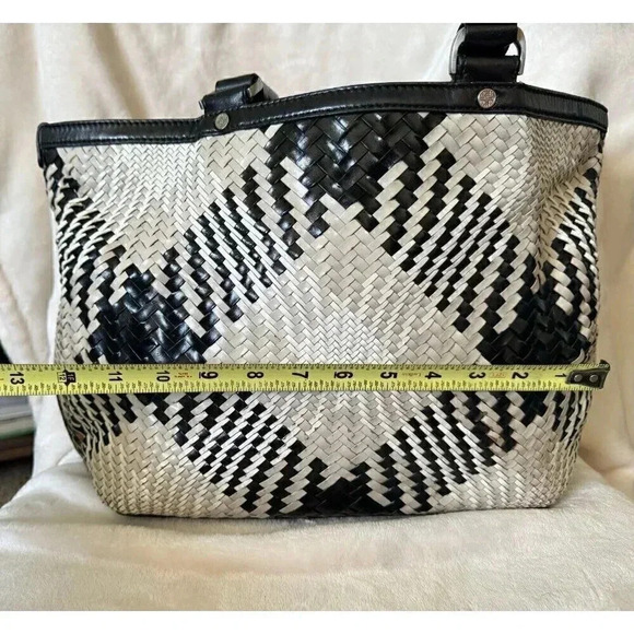 COLE HAAN Genevieve Woven Weave Black & White Tote Shoulder Bag Braided Handles - Picture 9 of 13